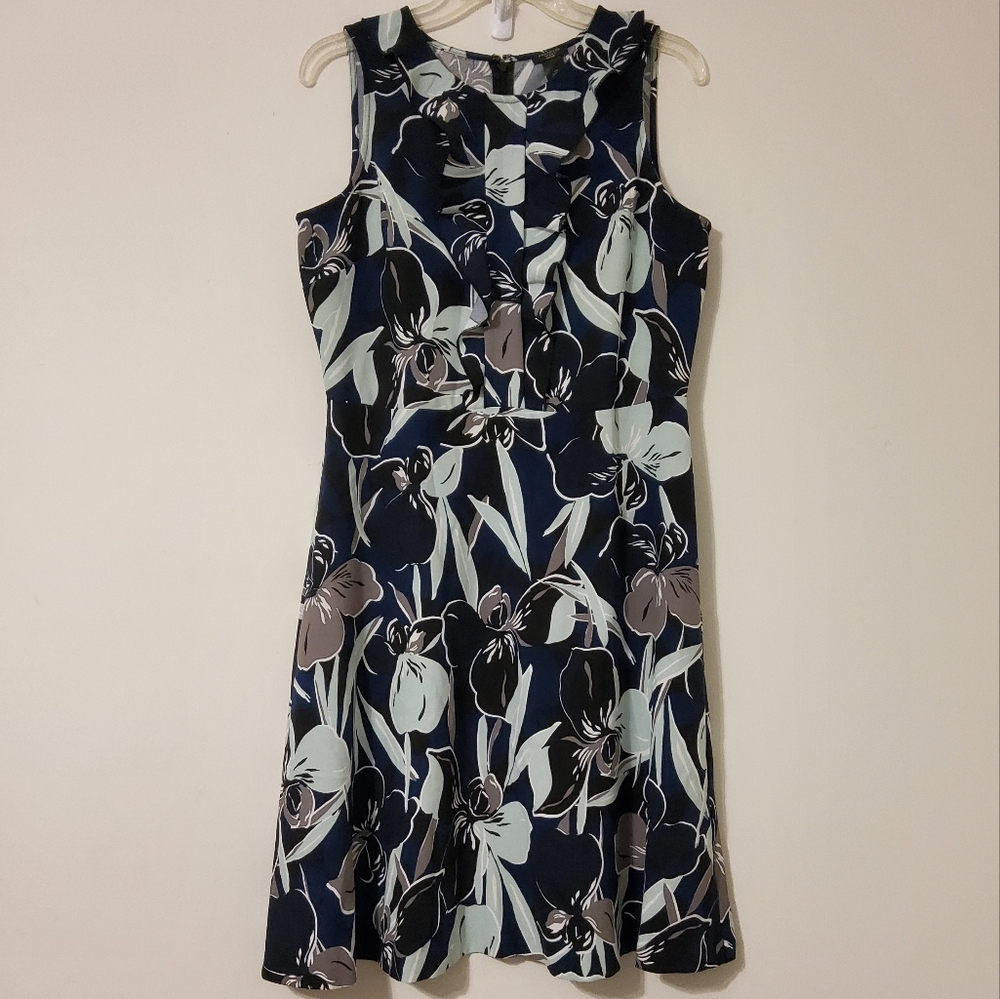 Ann Taylor Factory Petite Blue/Lime Green Ruffled Fit & Flare Midi Dress